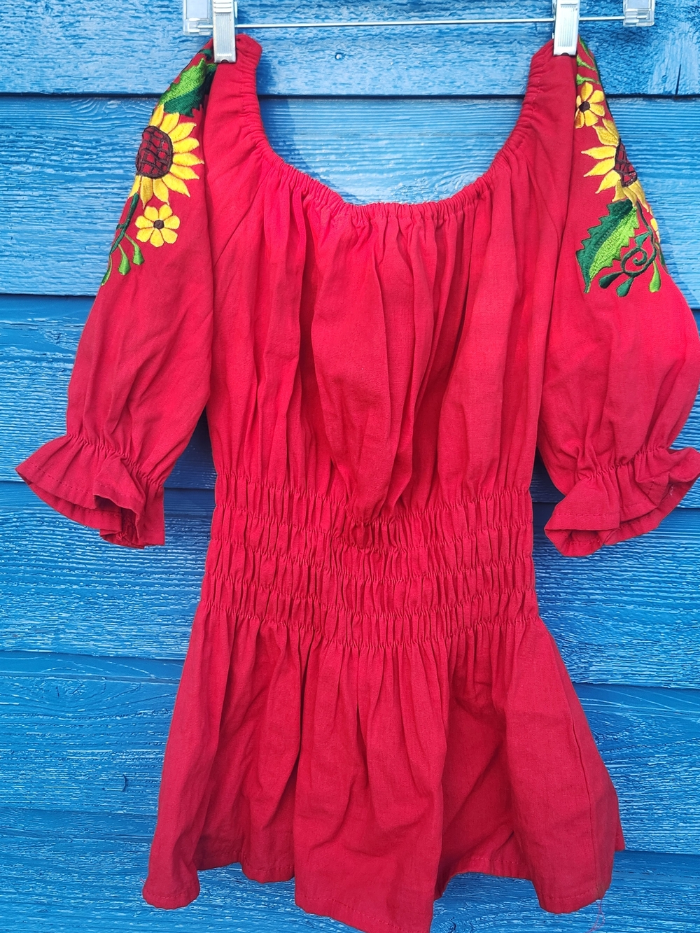 Red Embroidered Peasant Top with Sunflower Detail - Picture 5 of 7